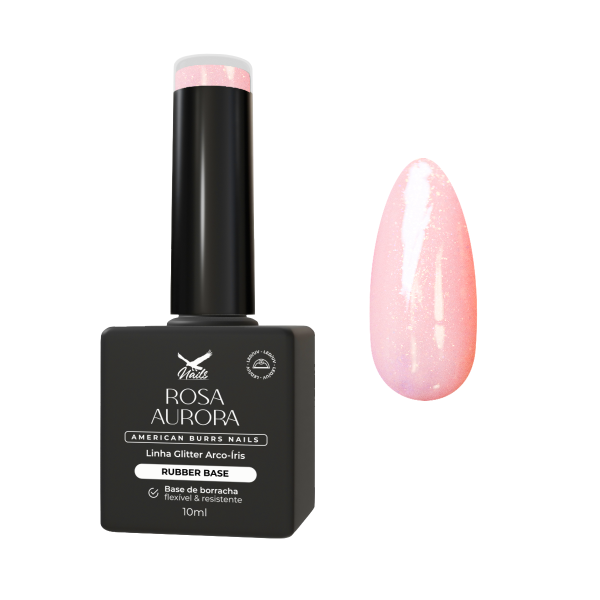 Rubber Base Rosa Aurora Linha Glitter Arco-Íris 10 ml