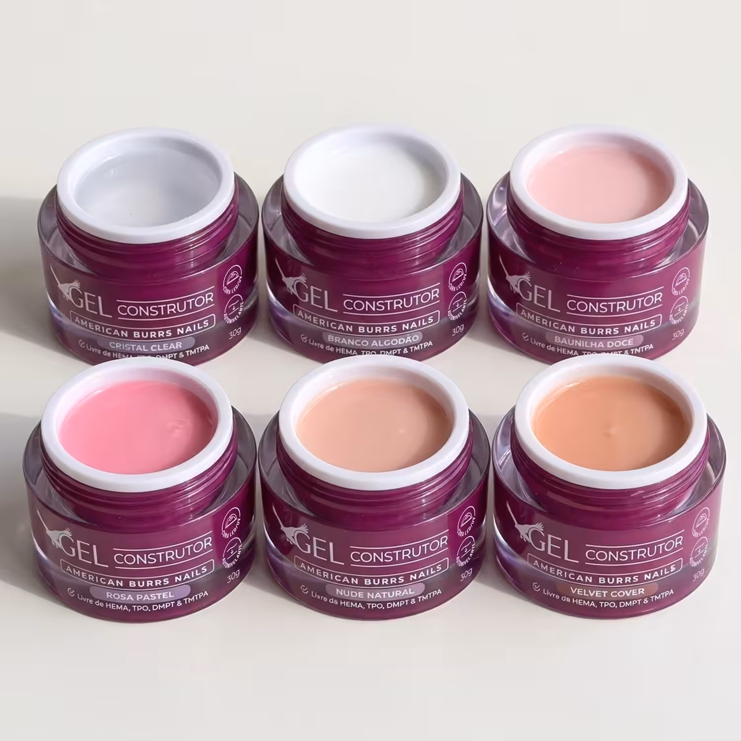 Os 6 potes abertos do Gel Construtor 30g AB Nails, um de cada cor