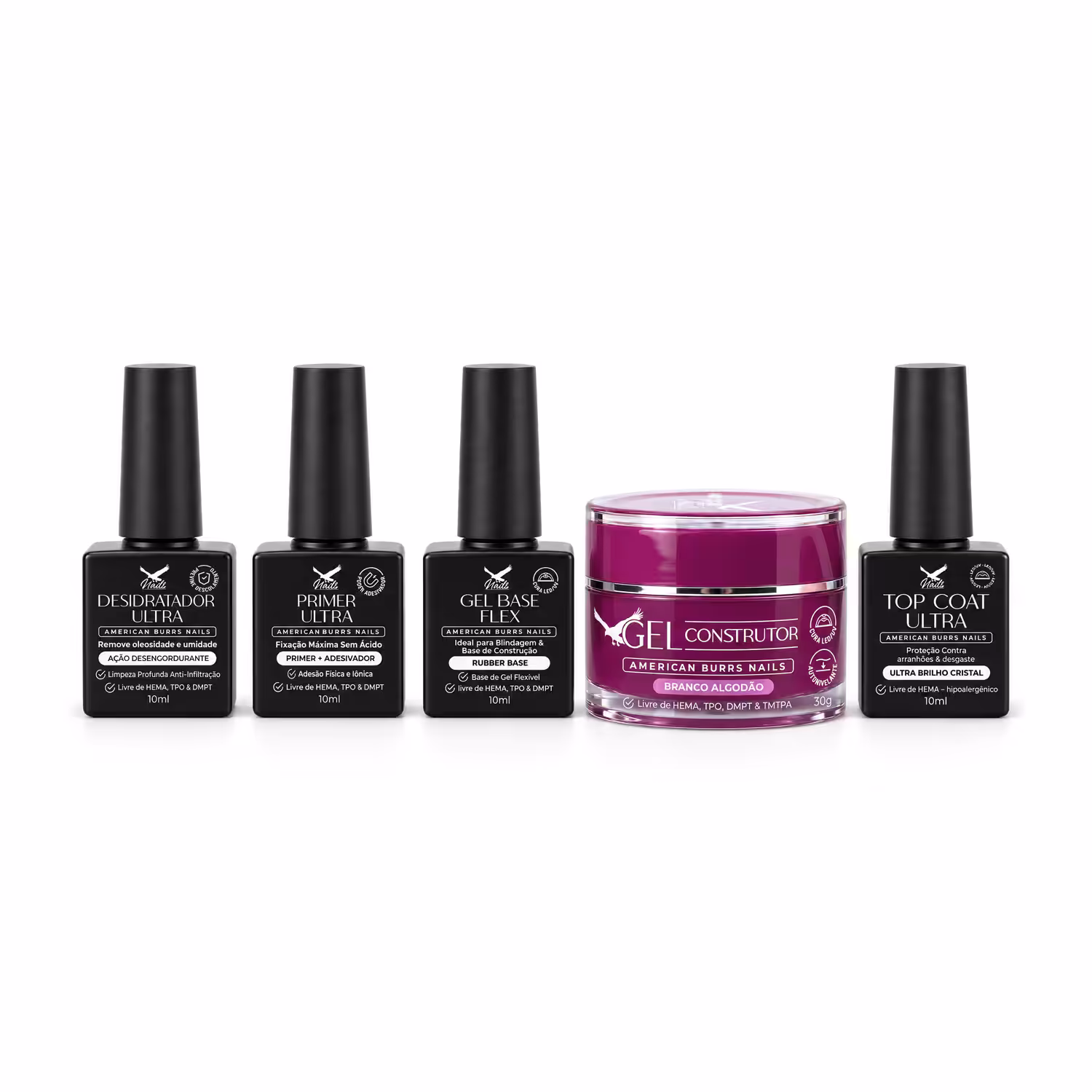Os 5 produtos do Kit Completo para Alongamento AB Nails em fila, no fundo branco