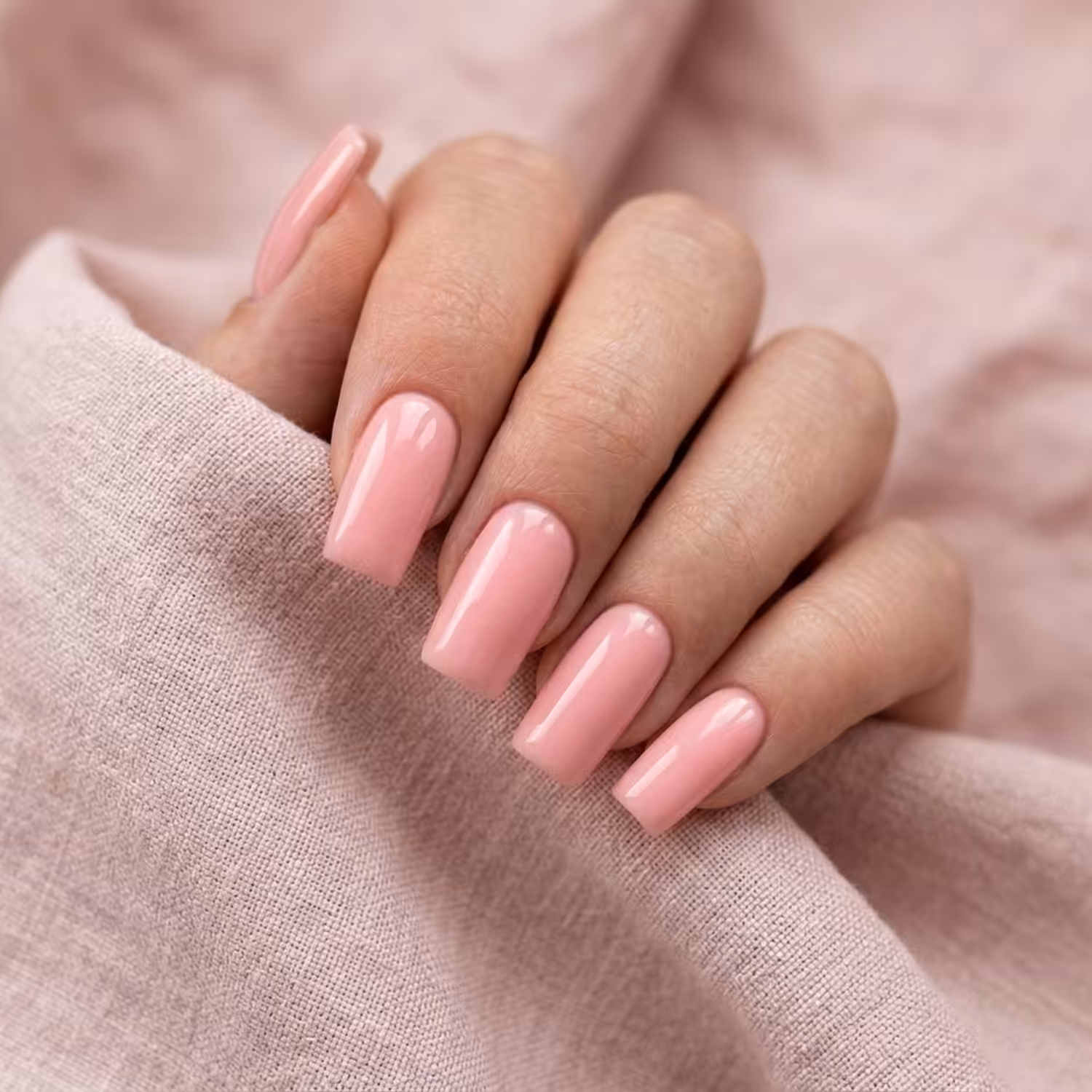 Mão com cinco unhas quadradas no Gel Construtor Baunilha Doce, sobre linho rosado