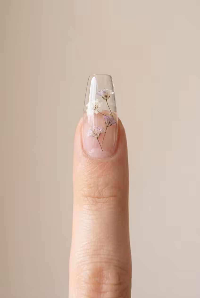 Unha bailarina com o Gel Construtor Cristal Clear com flor seca encapsulada em pele clara