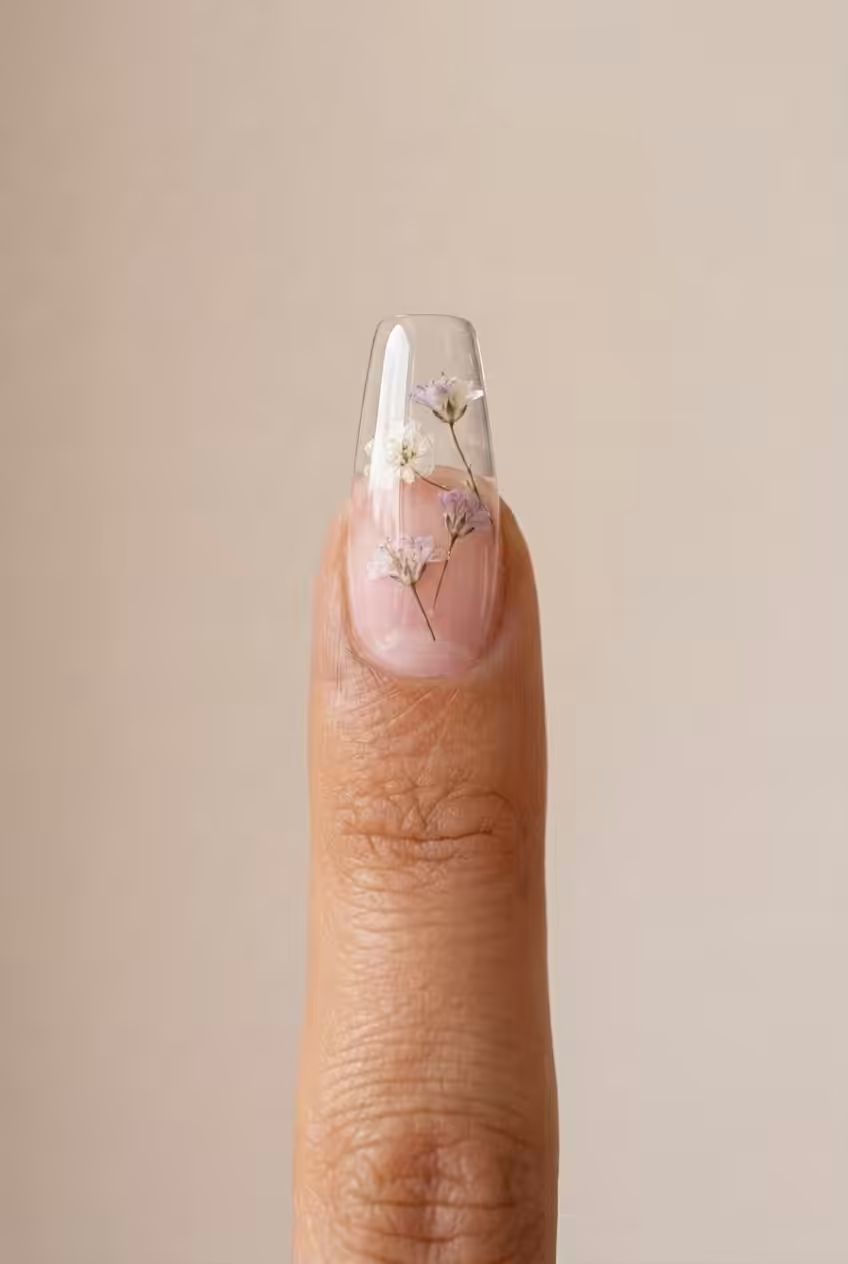 Unha bailarina com o Gel Construtor Cristal Clear com flor seca encapsulada em pele média