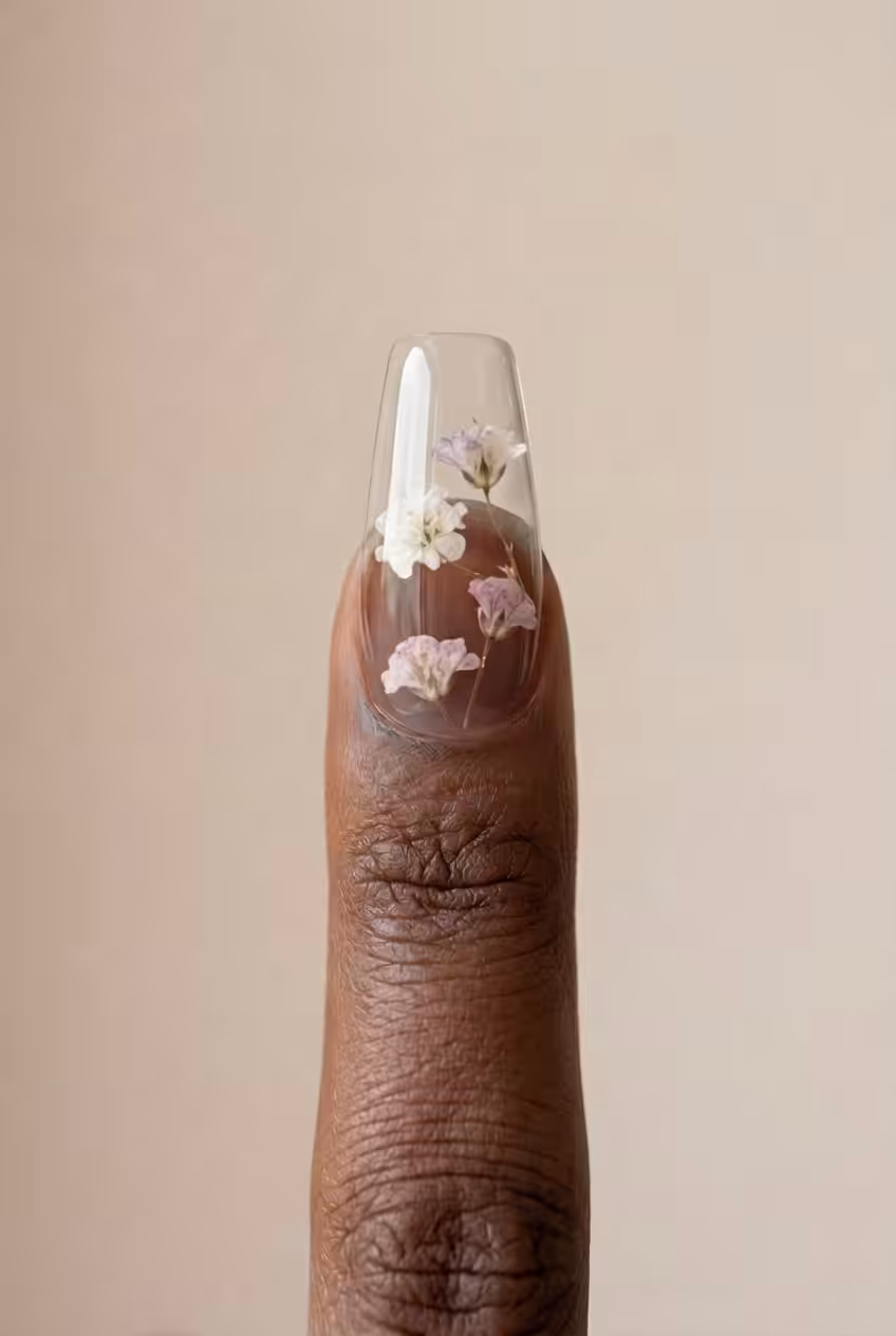 Unha bailarina com o Gel Construtor Cristal Clear com flor seca encapsulada em pele negra