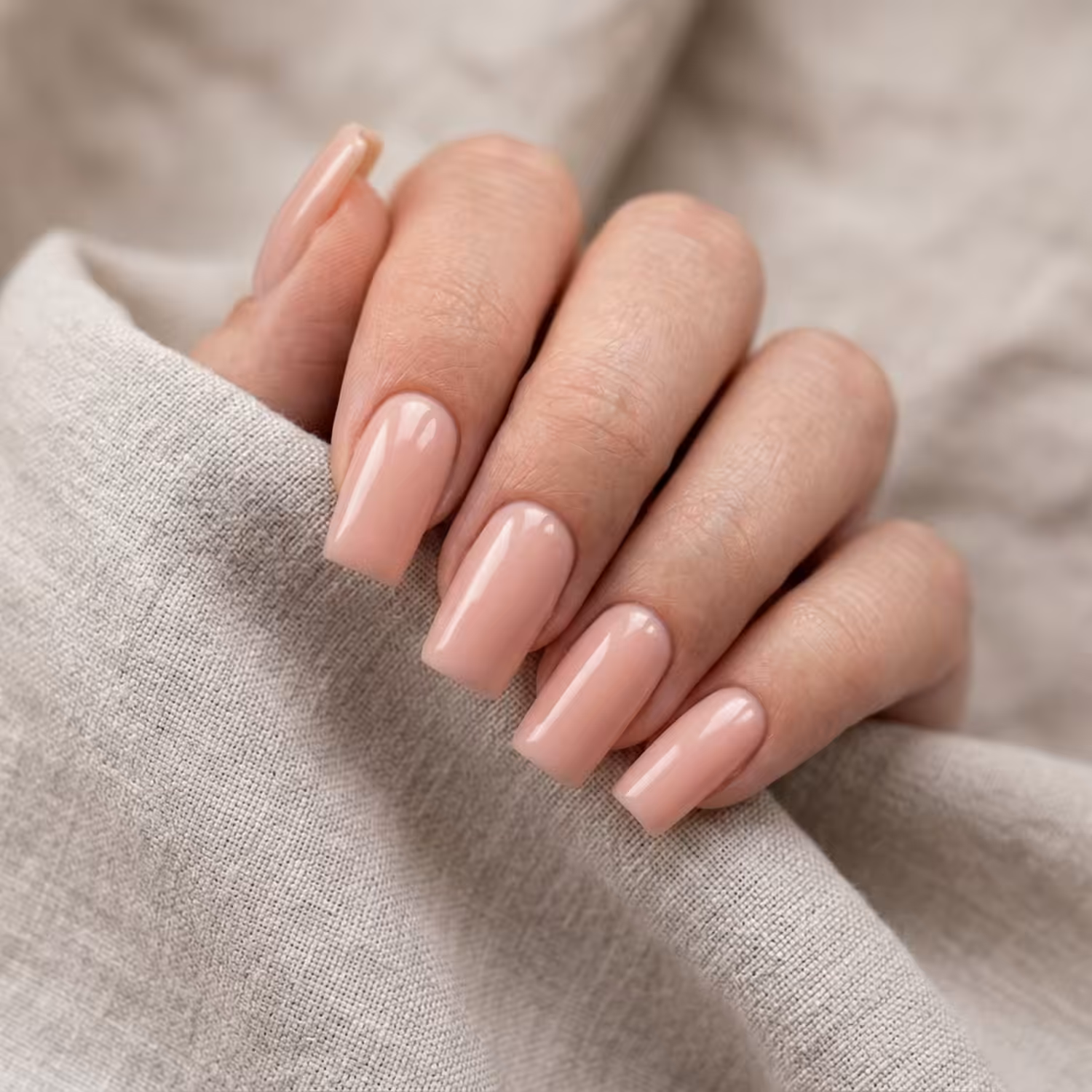 Mão com cinco unhas quadradas no Gel Construtor Nude Natural, sobre linho cinza