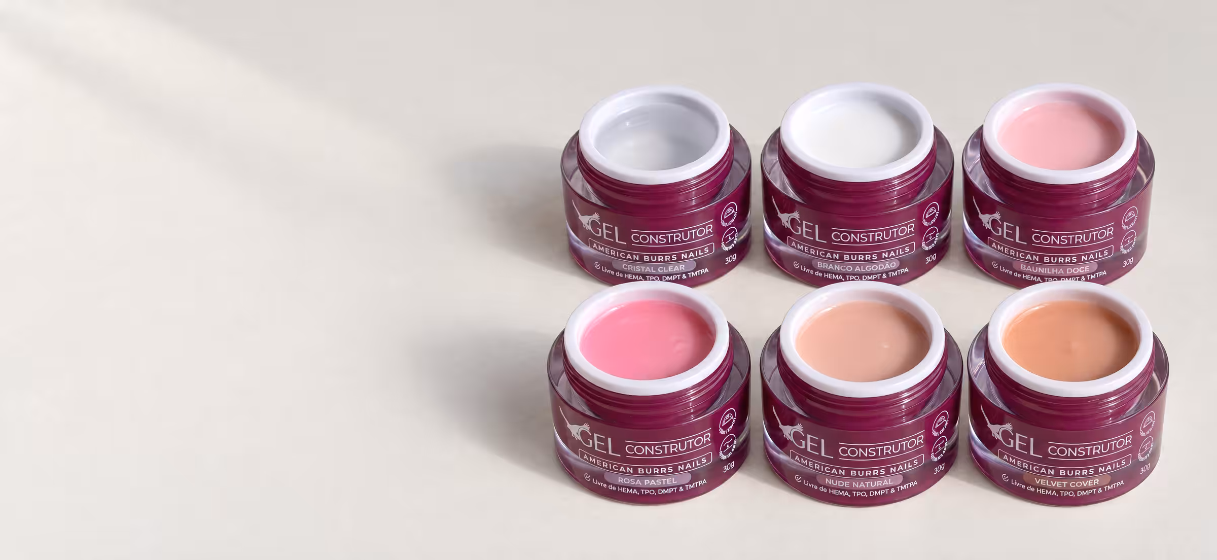 Seis potes abertos do Gel Construtor 30g: Rosa Pastel, Velvet Cover, Cristal Clear, Branco Algodão, Nude Natural e Baunilha Doce