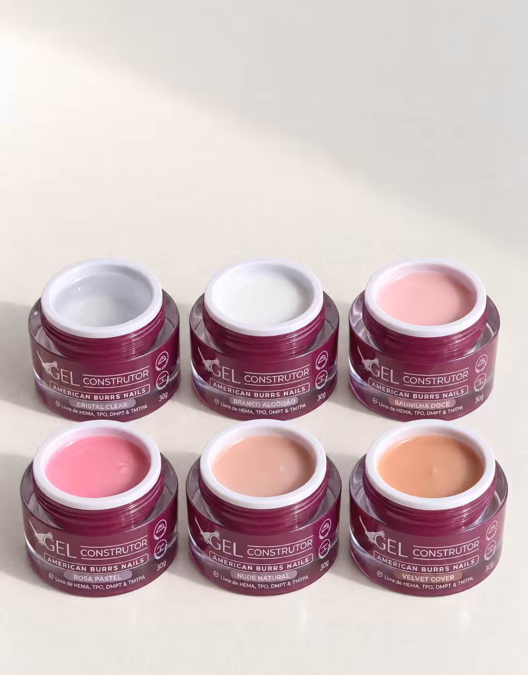 Seis potes abertos do Gel Construtor 30g: Rosa Pastel, Velvet Cover, Cristal Clear, Branco Algodão, Nude Natural e Baunilha Doce