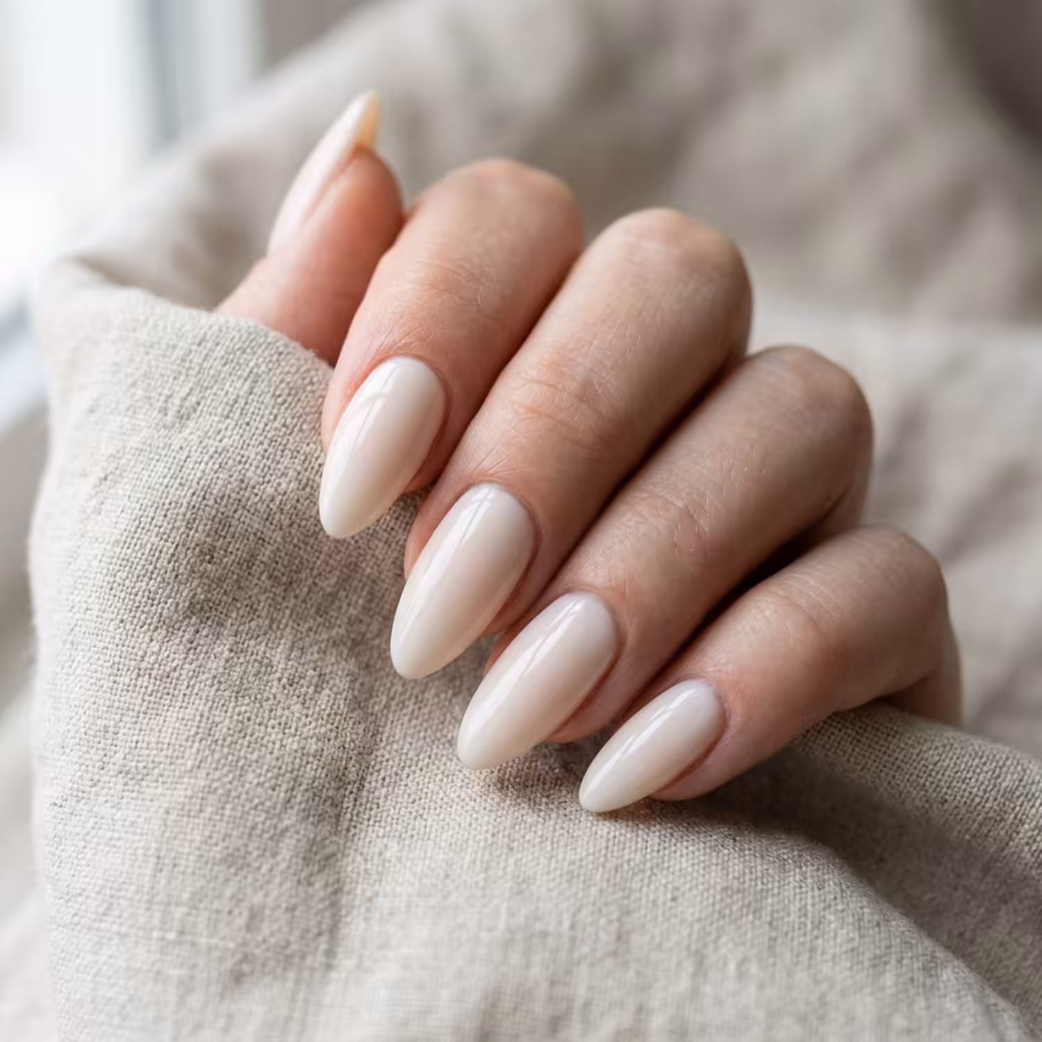 Mão com unhas amendoadas pintadas com o Esmalte em Gel Algodão Cru, um branco com fundo rosado bem leve