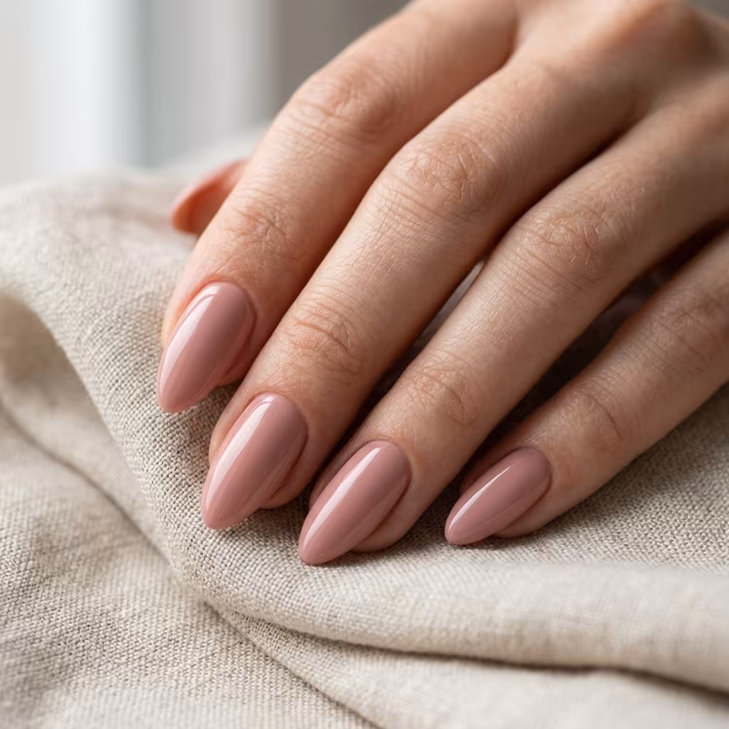Mão com unhas pintadas com o Esmalte em Gel Café com Leite, da Linha Essência Natural