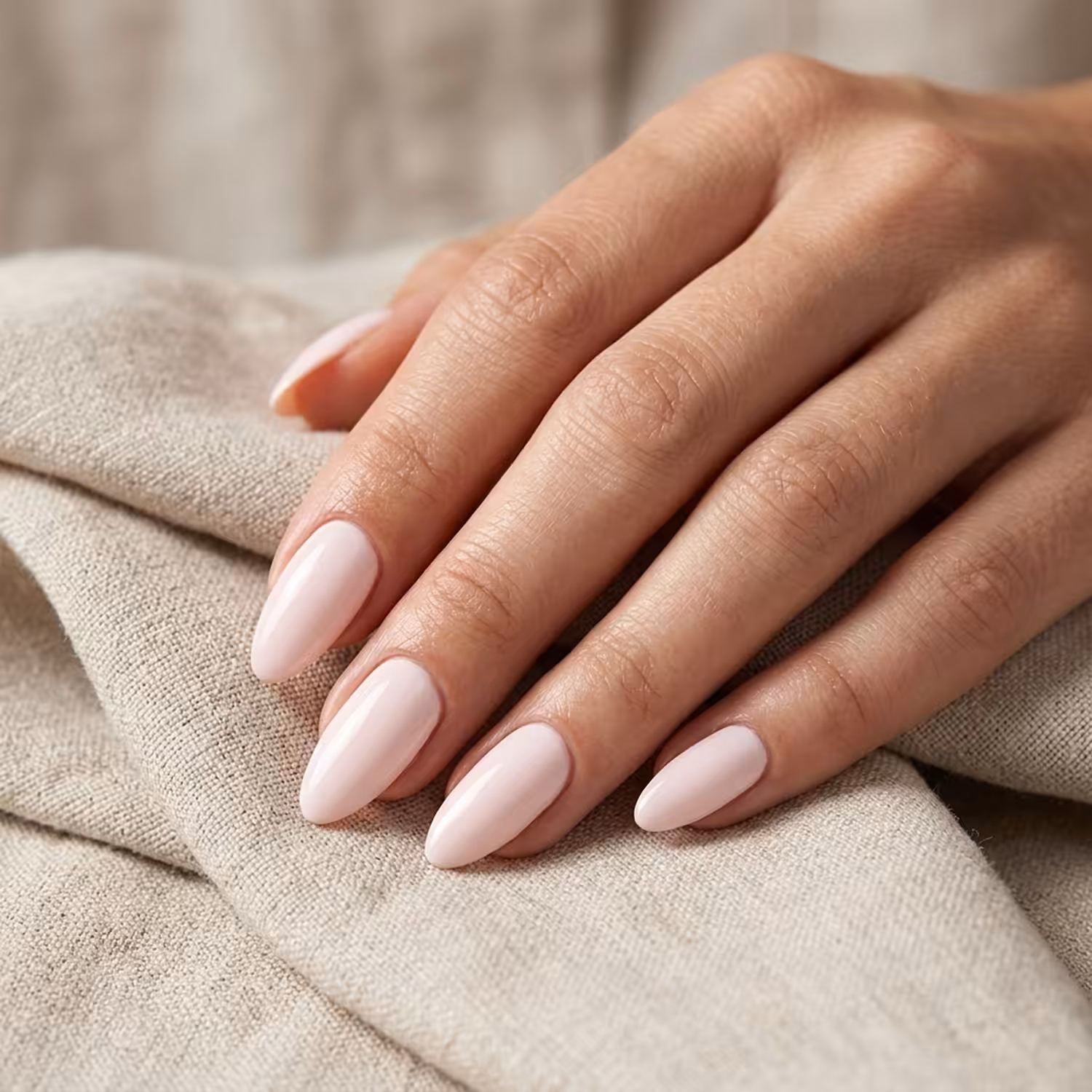 Mão com unhas pintadas com o Esmalte em Gel Pó de Arroz, da Linha Essência Natural